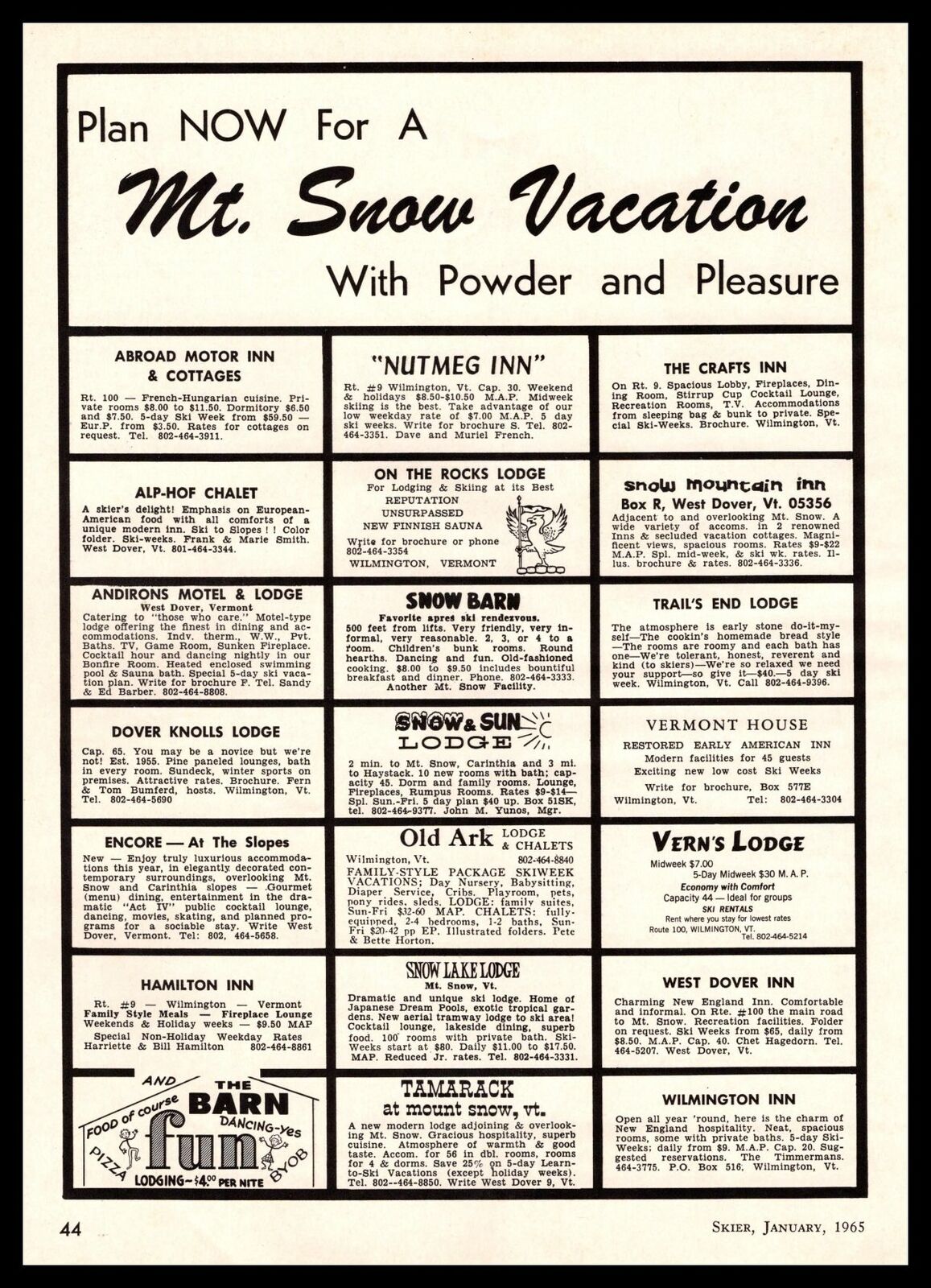 1965 Mt. Snow Vermont Ski Vacations Motel Inn Motor Lodge Guide Vintage Print Ad