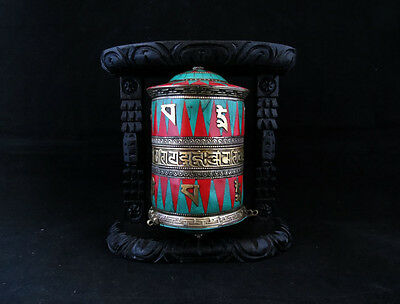 Buddhism Tibetan Om Mantra Brass Copper Wooden Frame Prayer Drum Wheel Nepal 75