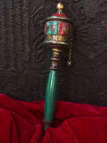Chinese Tibetan Buddhism Old Copper Hand Casting Turquoise Prayer Wheel Amulet